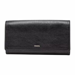 Fossil Logan RFID Flap Clutch Black Leather  Wallet with Gold Logo